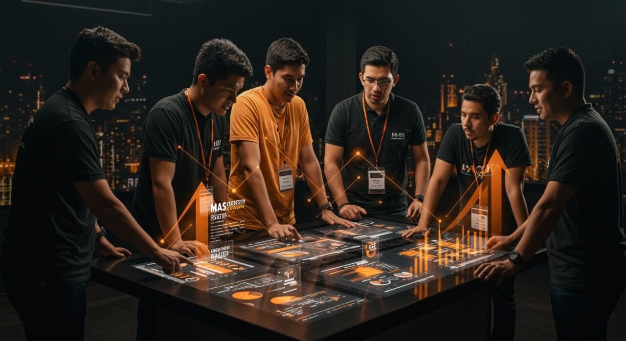 Founders latinoamericanos colaborando en un pitch de startups innovadoras con elementos de networking e inversión en el ecosistema MAS Pitch 2025.