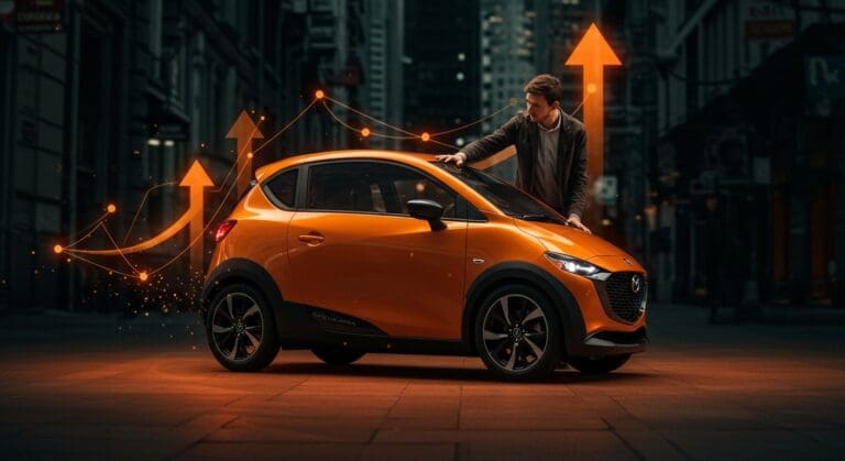 Mazda suitcase car portátil de tres ruedas representando innovación en movilidad urbana y tendencias tecnológicas para startups.
