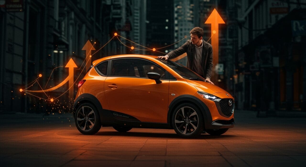 Mazda suitcase car portátil de tres ruedas representando innovación en movilidad urbana y tendencias tecnológicas para startups.