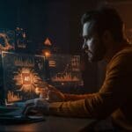 Mejora de precisión en sistemas de IA aplicada con scoring en RAG visualizada mediante hologramas y redes neuronales en tonos naranja y negro.