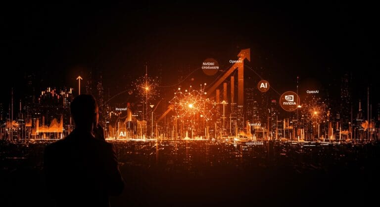 Silueta de líder observando un paisaje digital con redes neuronales y burbujas que representan la posible burbuja del mercado de inteligencia artificial.