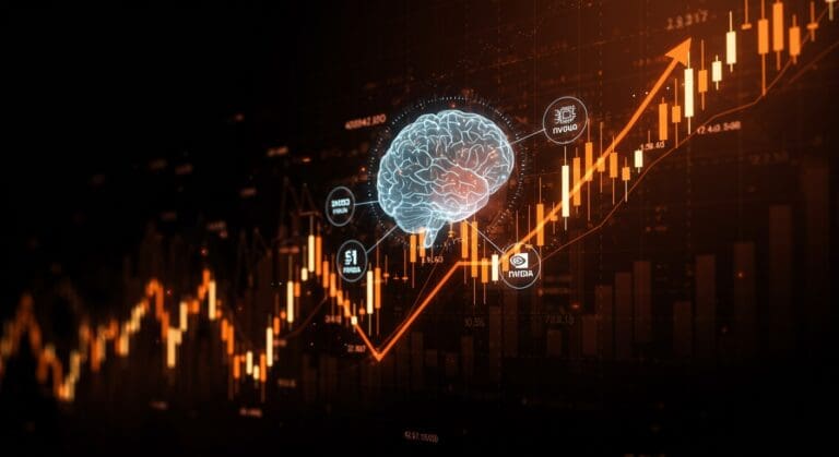 Gráfico digital al alza con símbolos de inteligencia artificial y tendencias tecnológicas en el mercado bursátil estadounidense.