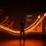 Fundador de SaaS frente a un panel digital con crecimiento récord de ARR y competencia en IA, ilustrando el éxito de Micro1 contra Scale AI.