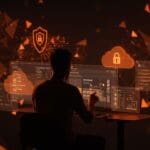 Tech founder gestionando compliance y seguridad en Microsoft Azure para startups, con metáforas visuales de seguridad cloud y auditorías.