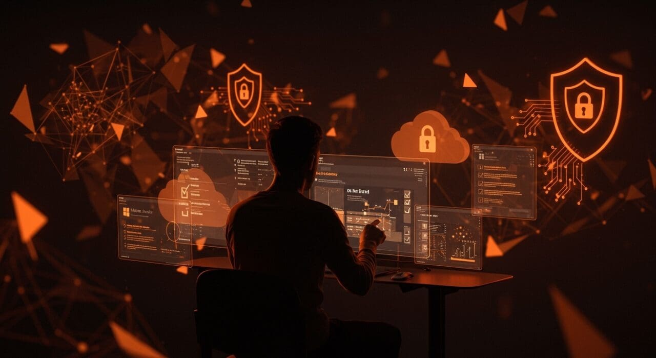 Tech founder gestionando compliance y seguridad en Microsoft Azure para startups, con metáforas visuales de seguridad cloud y auditorías.