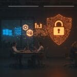 Migración de software a open source en Schleswig-Holstein simbolizando ahorro en TI y soberanía digital con iconografía tecnológica naranja y negra.