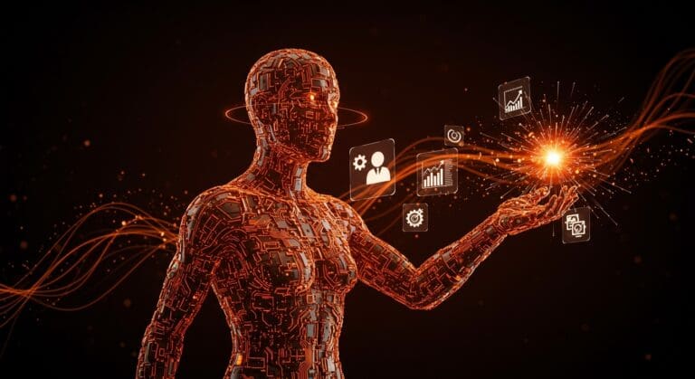 Inteligencia artificial open source con memoria persistente y automatización, representada en estilo editorial de alta calidad con colores naranja y negro de Ecosistema Startup.