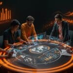 Startup climática colaborando en tecnología de energía limpia con visualizaciones digitales y símbolos de crecimiento y red global.