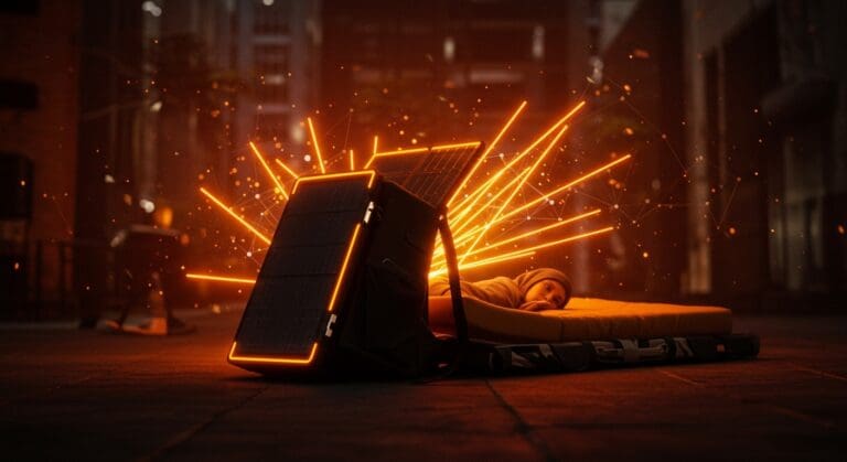 Mochila solar convertible Makeshift Traveler ofreciendo autonomía y dignidad a personas sin hogar con tecnología sostenible e innovación social.