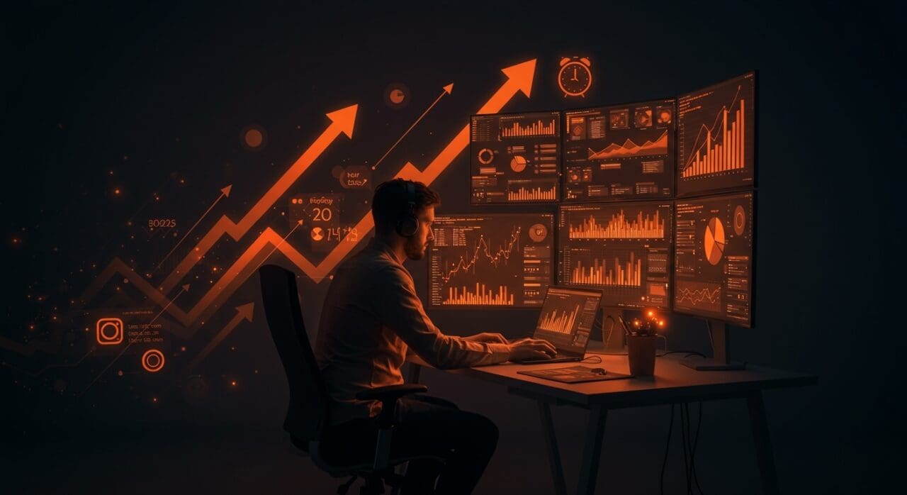 Founder de startup concentrado trabajando en productividad y momentum con rutinas y deep work, ilustrando crecimiento acelerado.