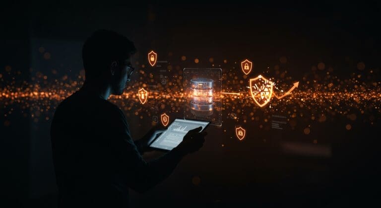 Fundador SaaS frente a interfaz digital de MongoDB con símbolos de vulnerabilidad Mongobleed, destacando seguridad informática y gestión de riesgos en bases de datos.