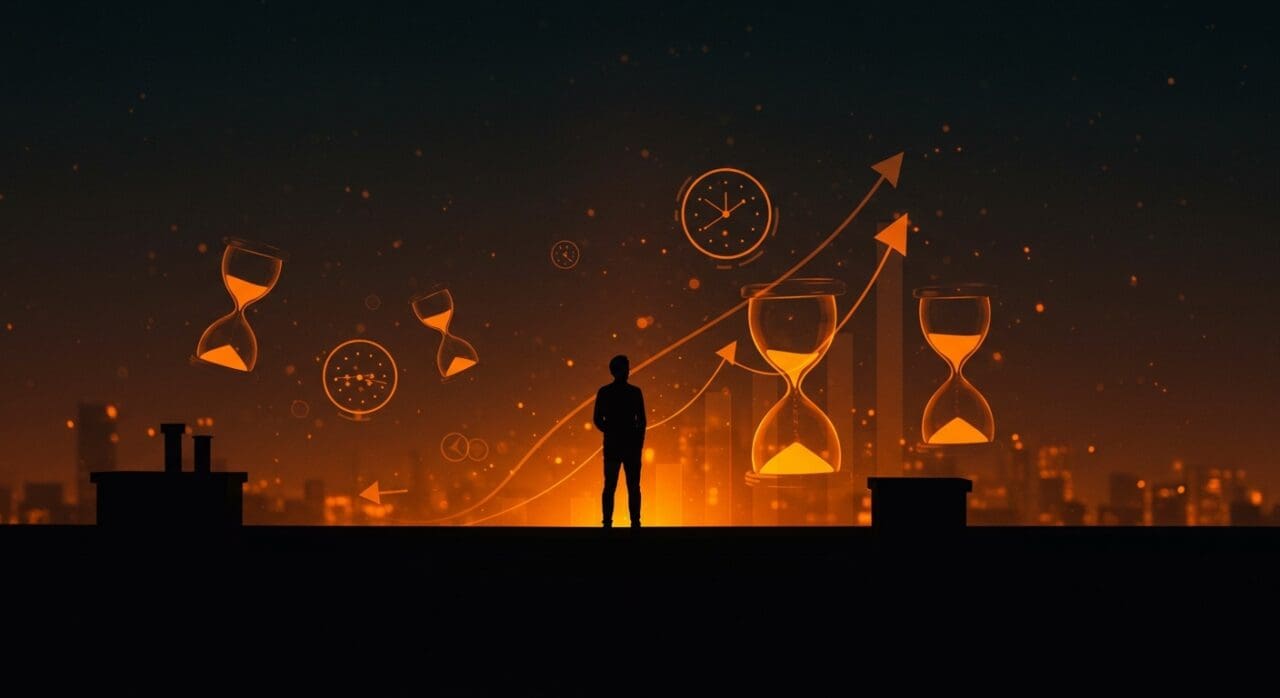 Silueta de fundador de startup contemplando el horizonte digital, simbolizando mortalidad, propósito y liderazgo en el ecosistema tecnológico.