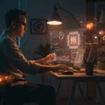 Ingeniero frontend senior trabajando remotamente con interfaz de inteligencia artificial en un entorno de startup, destacando alta compensación y cultura YC.