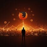 Ilustración editorial de Mozilla enfrentando desafíos de sostenibilidad digital y mercado en 2025 con metáforas tecnológicas y digitales en tonos naranja y negro.