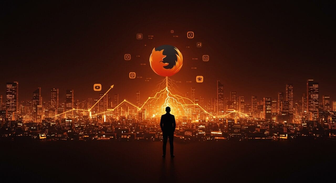 Ilustración editorial de Mozilla enfrentando desafíos de sostenibilidad digital y mercado en 2025 con metáforas tecnológicas y digitales en tonos naranja y negro.