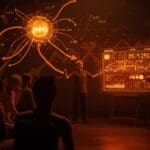 Founder presentando un innovador IPO que involucra a fans como accionistas, representando financiamiento y propiedad en startups tecnológicas.