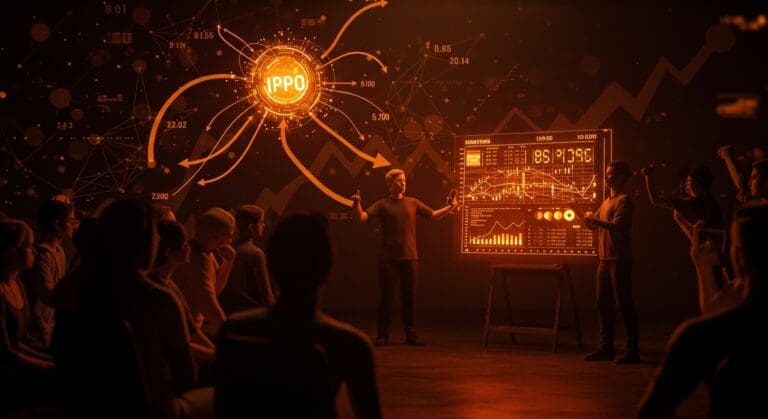 Founder presentando un innovador IPO que involucra a fans como accionistas, representando financiamiento y propiedad en startups tecnológicas.