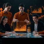 Grupo de multimillonarios jóvenes utilizando inteligencia artificial e innovación tecnológica en startups para acelerar su fortuna.