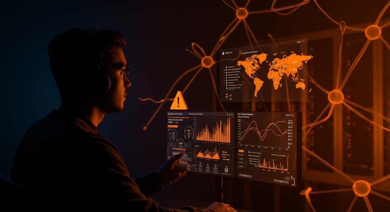 Monitorización de outages en la región AWS N. Virginia con alertas digitales en entorno tecnológico, destacando la baja confiabilidad en cloud computing.