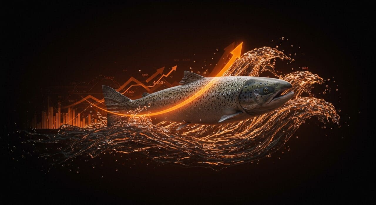 Negocio del salmón en Chile representado por un salmón nadando entre datos digitales, reflejando tendencias de mercado y liderazgo global del grupo Vial.