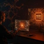 Interacción visual con lenguaje de programación NERD optimizado para inteligencia artificial y automatización en startups tecnológicas.