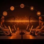 Profesionales de startups tech creando podcasts digitales, ilustrando la estrategia de Netflix en contenido digital y oportunidades en LATAM.