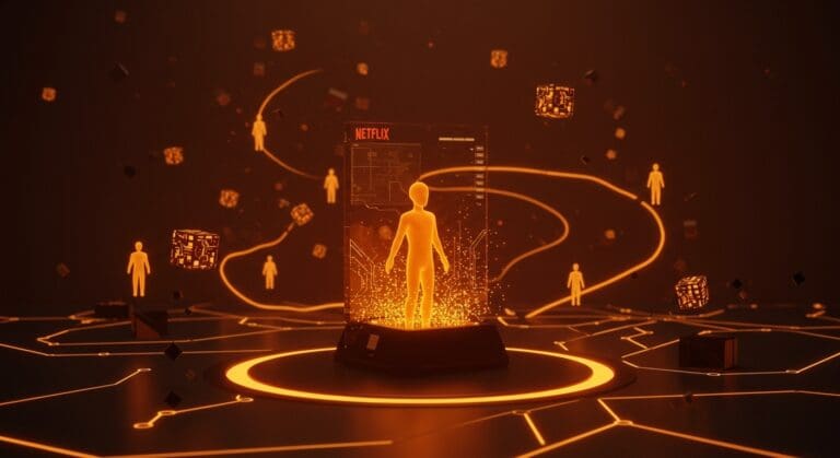 Avatares digitales interconectados representando la innovación en gaming tras la compra de Ready Player Me por Netflix.