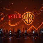 Fusión digital de Netflix y Warner Bros. simbolizando la adquisición y su impacto en startups tecnológicas y mercado de entretenimiento en LATAM.