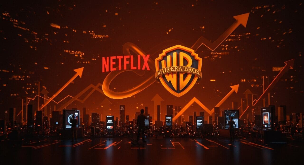 Fusión digital de Netflix y Warner Bros. simbolizando la adquisición y su impacto en startups tecnológicas y mercado de entretenimiento en LATAM.