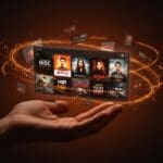 Interfaz futurista de streaming Netflix con títulos 4K HDR y Dolby Vision, destacando contenido abierto para founders en tecnología audiovisual.