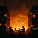 Acuerdo entre Netflix y Warner Bros ilustrado mediante edificios simbólicos fusionándose y representación visual de desafíos regulatorios en el ecosistema startup.