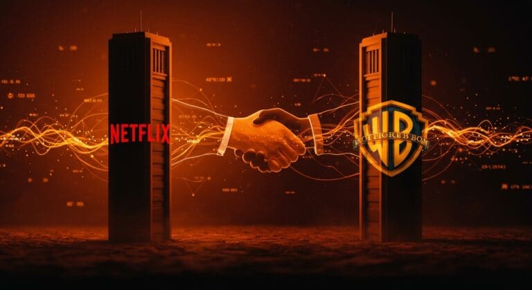 Análisis visual de la posible adquisición entre Netflix y Warner Bros en la industria audiovisual de streaming.