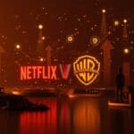 Análisis visual de la adquisición de Warner Bros por Netflix destacando impacto en empleos, estrenos teatrales y oportunidades en startups tech dentro de la industria del entretenimiento.
