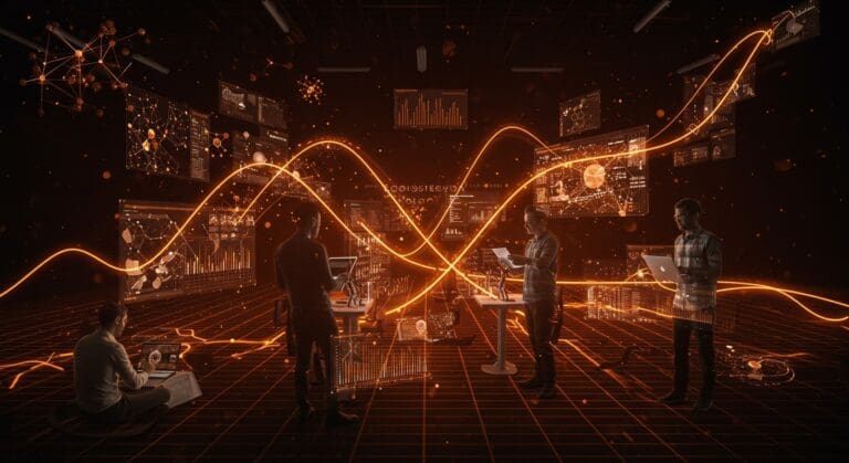 Colaboración de founders tech con hologramas de redes neuronales y modelos de lenguaje, simbolizando innovación en IA y machine learning en NeurIPS 2025.