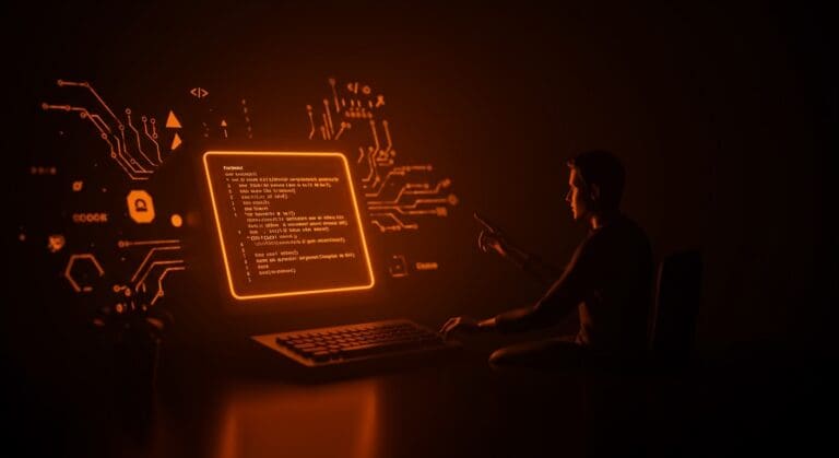 Intérprete minimalista de BASIC para founders ilustrado con un terminal retro y metáforas de automatización y optimización de código.