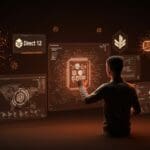 Evolución de las APIs gráficas con integración de IA mostrando interfaces holográficas y modelos de GPU en ecosistema startup.