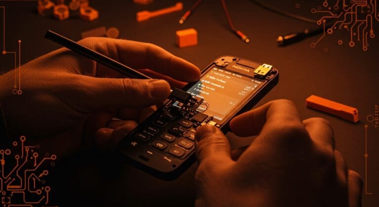 Nokia N900 modificado con hardware DIY y Linux, destacando reciclaje tecnológico y renovación sustentable.