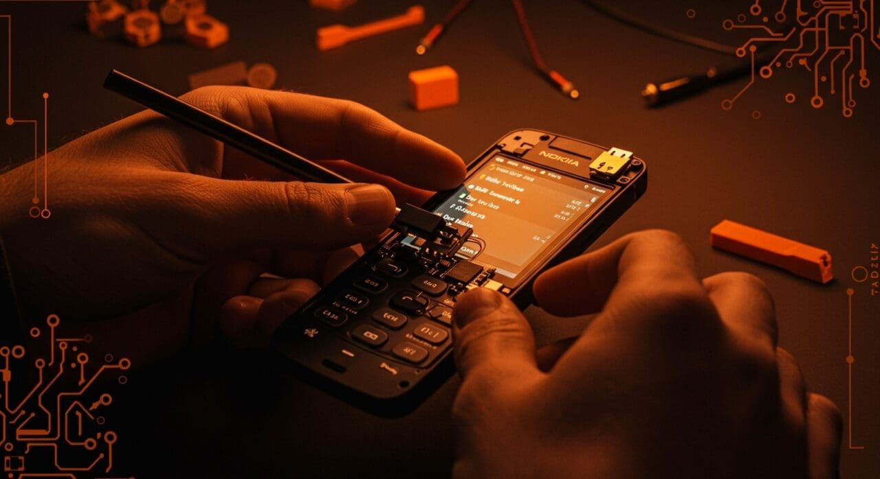 Nokia N900 modificado con hardware DIY y Linux, destacando reciclaje tecnológico y renovación sustentable.