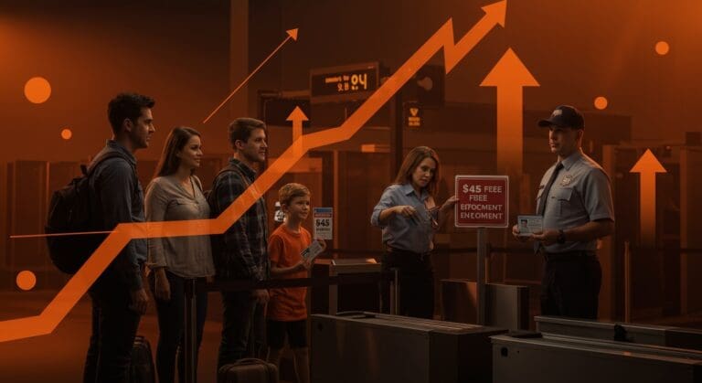 Familia enfrentando la nueva tarifa TSA de $45 en aeropuerto de EE.UU., ilustrando impacto en viajes y movilidad.