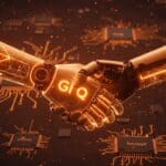 Nvidia adquiere Groq en una operación histórica en chips IA, ilustrada con manos robóticas y circuitos futuristas en tonos naranja y negro.