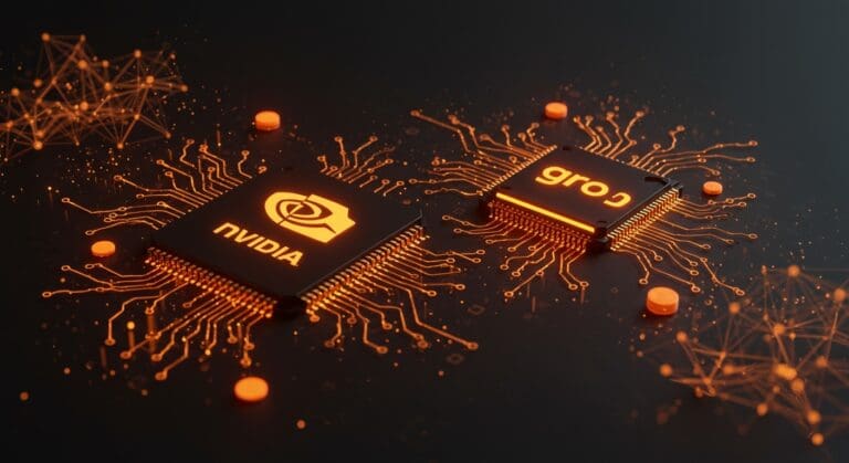 Visualización de la adquisición de Groq por Nvidia destacando chips de inteligencia artificial y crecimiento tecnológico en el ecosistema startup.