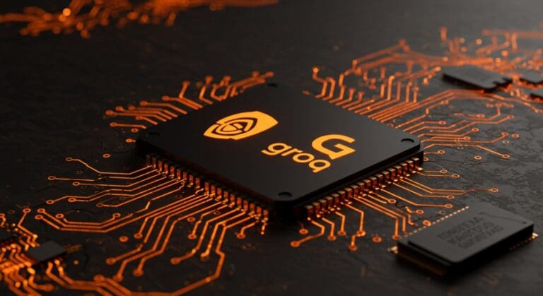 Adquisición de Nvidia a Groq simbolizada con chips IA y diseños abstractos de redes neuronales en la industria de hardware IA.