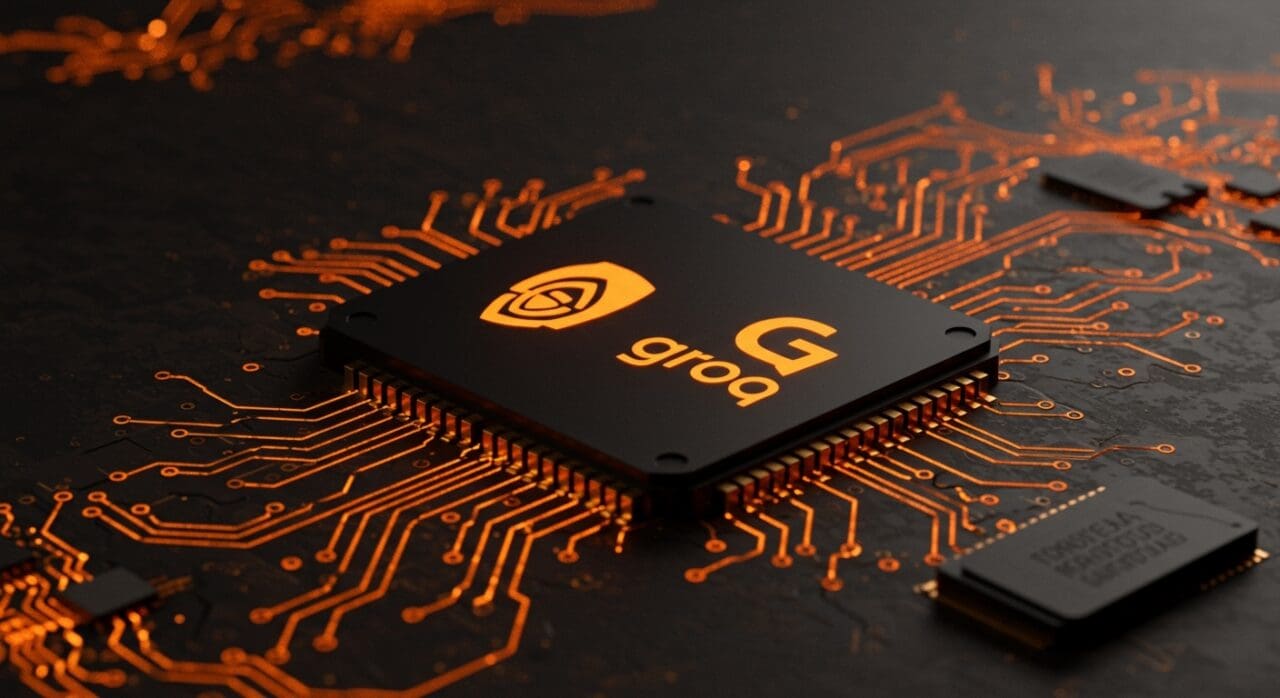 Adquisición de Nvidia a Groq simbolizada con chips IA y diseños abstractos de redes neuronales en la industria de hardware IA.