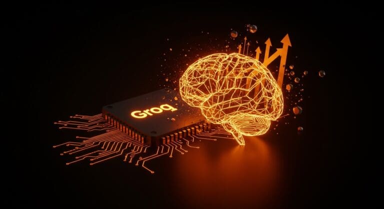 Adquisición de Groq por Nvidia representada con chip futurista y redes neuronales digitales simbolizando inversión y avance en tecnología de inteligencia artificial.
