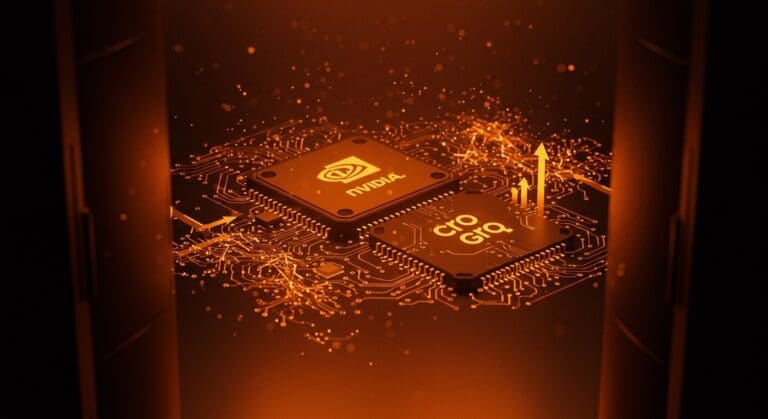 Fusión simbólica de chips Nvidia y Groq con metáforas visuales de inteligencia artificial y crecimiento en startups del mercado LATAM.