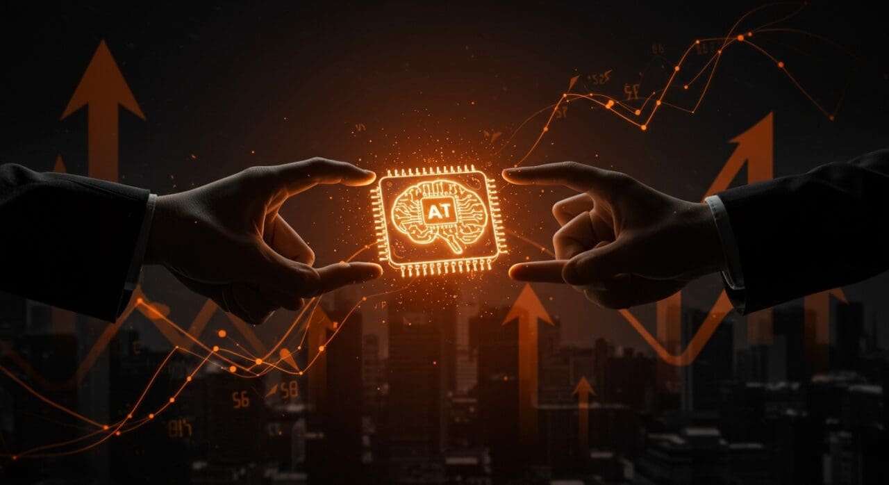 Intercambio de microchip futurista entre Nvidia y Groq simbolizando la mayor adquisición en IA y hardware en el ecosistema tech latinoamericano.