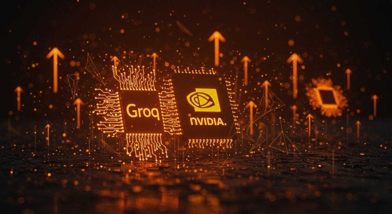 Nvidia adquiere Groq consolidando liderazgo en chips de inteligencia artificial e inferencia, ilustrado con circuitos luminosos y símbolos de mercado IA.