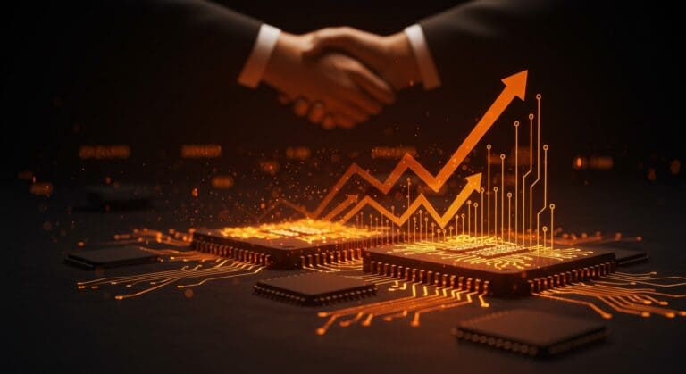 Chips de inteligencia artificial con símbolos de acuerdo millonario y crecimiento en el mercado bursátil, destacando a NVIDIA y Groq.