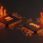 Visualización digital de chips Nvidia y Groq conectados por flujos de datos luminosos, representando un acuerdo estratégico en inferencia IA y dominio tecnológico.