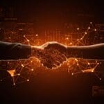 Nvidia y Groq sellando un acuerdo estratégico en inteligencia artificial representado por un apretón de manos digital en tonos naranja y negro.